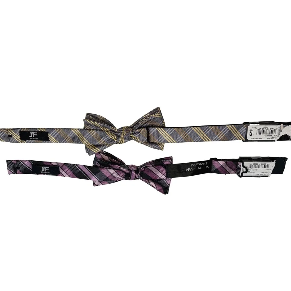 J.Ferrar Bow Tie Set OS Multi Plaid Pre-Tied Adjustable‎ Purple Grey 2pk NEW